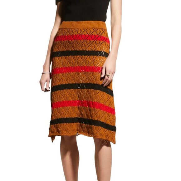 Stella Pardo Paris Striped Pointelle Crochet Skirt XS Brown A-Line Coastal - Picture 1 of 12